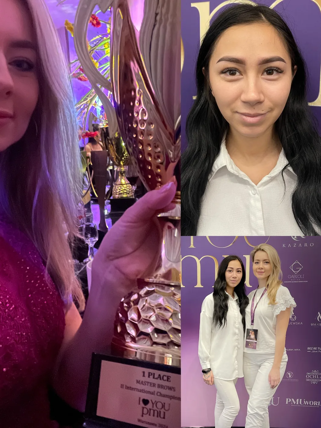 Puchar za 1. miejsce Master Brows, modelka z mistrzostw i Paulina Sielska z modelką, Warszawa 2024