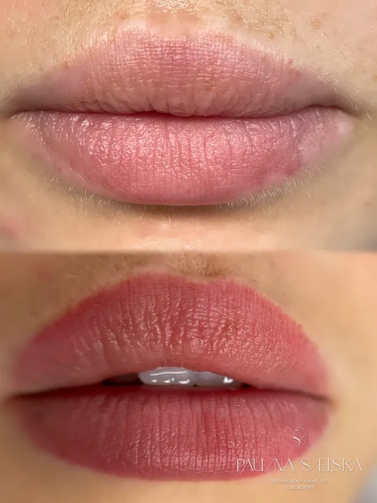 Makijaż permanentny ust, przed i po zabiegu, naturalny odcień